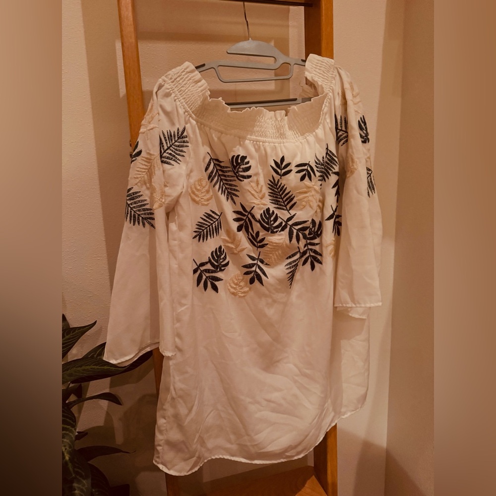 The Room Tropical off the shoulder tunic with embroidery & flowy sleeves